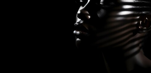 portrait, black woman's face on a black background, close-up, fashion photography, black and white effect, cosmetics