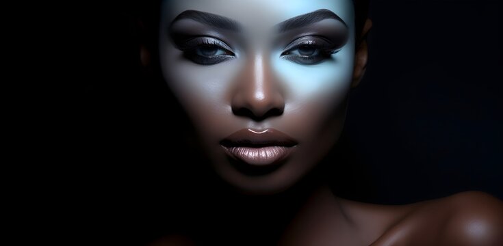 portrait, black woman's face on a black background, close-up, fashion photography, black and white effect, cosmetics
