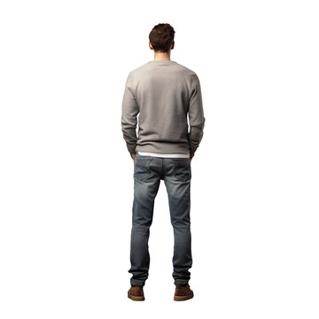A man in jeans gazing upwards isolated on a transparent background seen from behind