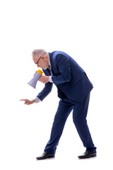 Naklejka premium Old businessman holding megaphone isolated on white