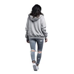 A female student in a hoodie and ripped jeans walking on a transparent background in profile