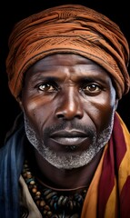 portrait of an African black man in national headdress, tribe, Africa