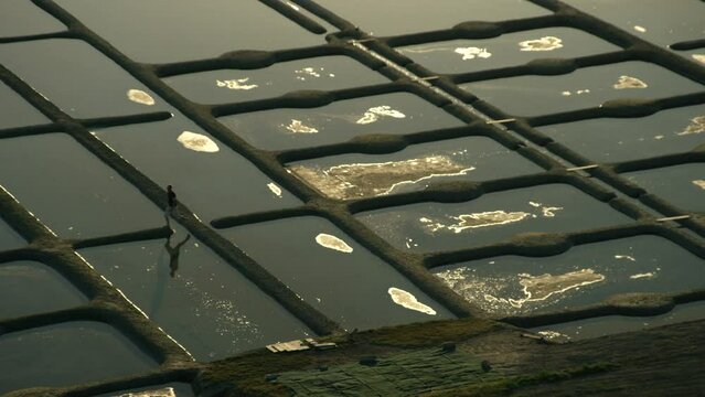 vue drone des marais salants de gu&eacute;rande en contre jour