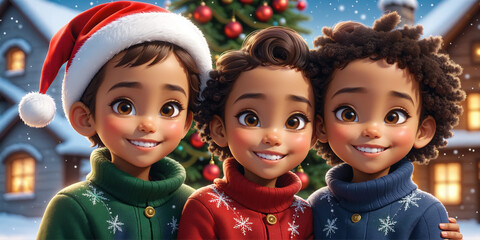 Beautiful Christmas illustration with three festively dressed smiling children, with a decorated Christmas tree and gift boxes. Generative AI