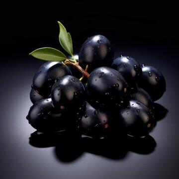 Fresh Organic Black olives Fruit Photorealistic Square Illustration. Healthy Vegetarian Diet. Ai Generated bright Illustration on Dark Background. Juicy Black olives Fruit.