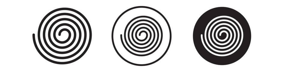 Spiral icon. Circular swirl twist radial shape symbol. Vector set of hypnosis vortex curve illusion. Flat outline of radial optical spin twirl coil