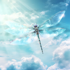 Dragonfly in the sky with the sun shining about it. Generative ai. 