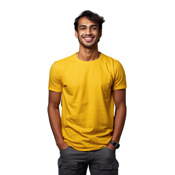 Confident Indian man in yellow shirt holding crossed hands isolated on plain transparent background