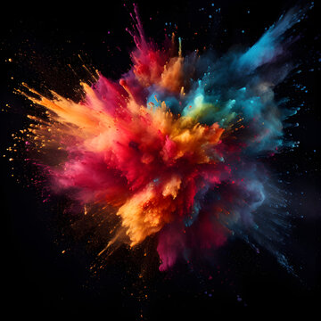 Multi colored powder exploding on a black background. Generative ai. 