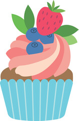 Cream swirl cupcake with fresh berries. Sweet pastry