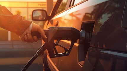 a male person hand filling a pump gas tank of a car at a gasoline station. golden hour sunset time of day. wallpaper blurry background. Generative AI