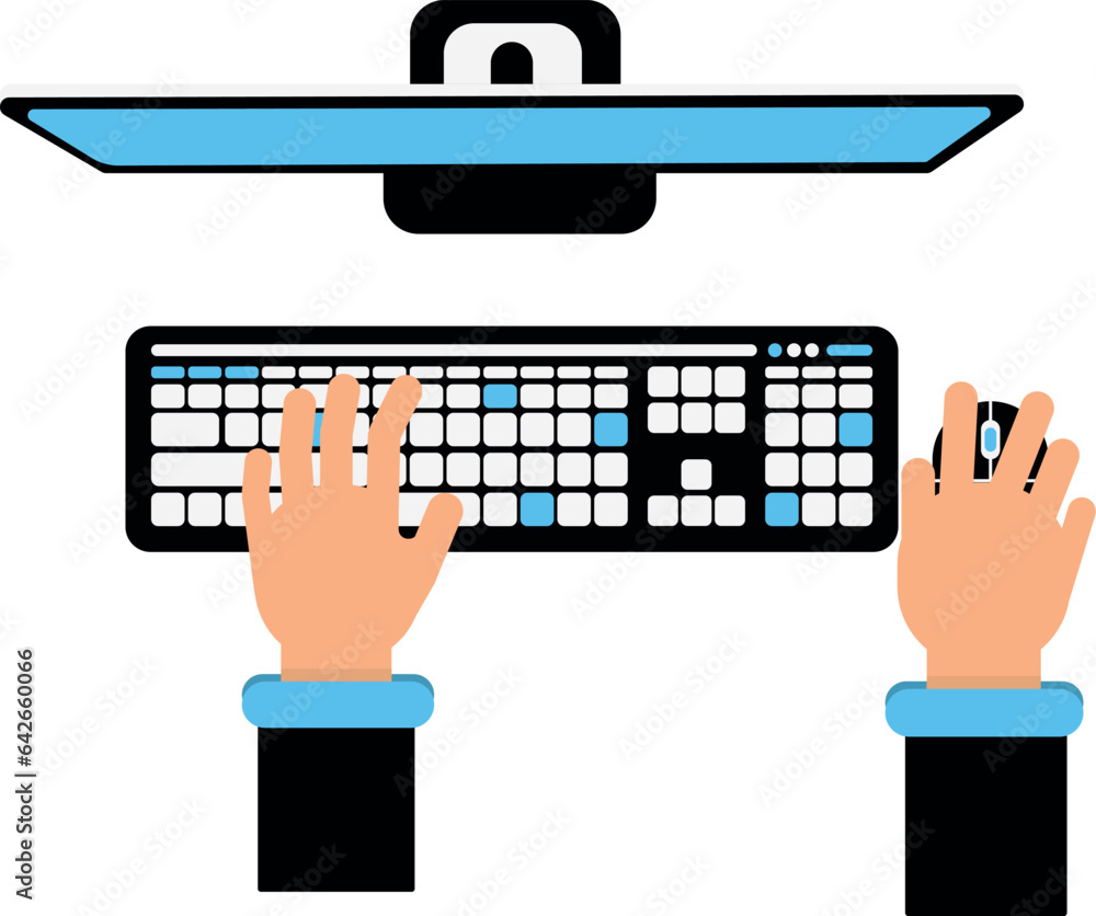 Aufkleber workplace top view. human hands on computer keyboard