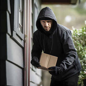 Man stealing a package from someone's front door. A porch pirate concept. Generative ai. 