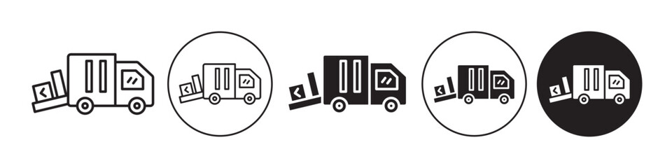Unloading truck icon. Loading transport delivery cargo shipment symbol. Vector set of shipping logistic distribution service. Flat outline of export import goods freight container. load unload vehicle