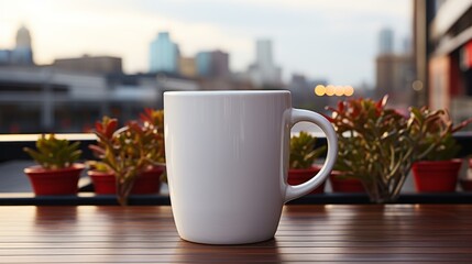 A plain white ceramic mug mock up on an outdoor table in the winter. Generative AI. 