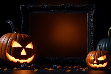 orange and black halloween decorations with jack-o-lanterns and copy space in blank frame picture mock up