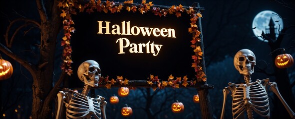 dark and spooky halloween party sign with skeletons, pumpkins, and full moon