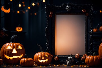 Spooky orange and black halloween blank photo frame mockup with jack-o-lanterns, bats, and cobwebs