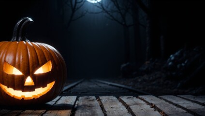 Obraz premium spooky halloween pumpkin on a misty wooden path in the dark woods and wooden table for product display