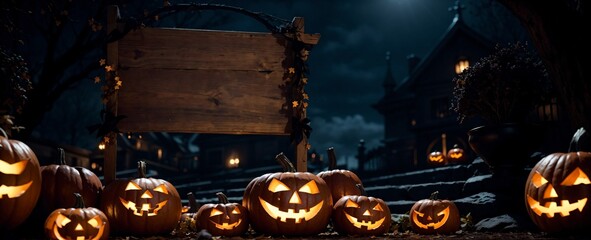 Spooky orange and black Halloween scene with pumpkins and a blank sign on a porch at night