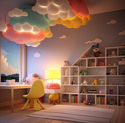 a child's room with clouds painted on the wall and wooden flooring in front of the window there is a yellow chair