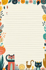 Fototapeta premium Notepad illustration design with whimsical animals and flowers around the edge. Copy space.