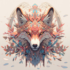 Psychedelic fox or wolf head with symmetrical mandala shapes. Animal Totem, spiritual guide, mystical emblem of the shaman.