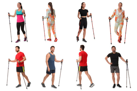 Sporty man and woman with Nordic walking poles on white background, collage with photos