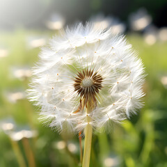 Close up of a dandelion with its seeds flying in the wind, macro shot. A concept of plants and nature. Generative ai. 