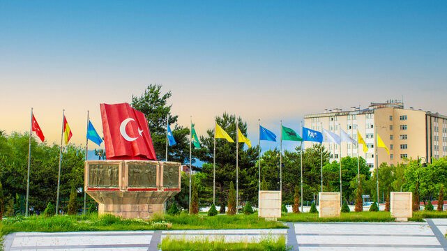 Erzurum 100th Anniversary Monument, Turkish Flag with the Flags of Turkic Nations in the Background