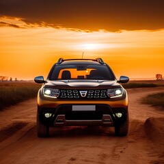 the front end of a yellow nissan terrax suv parked on a dirt road at sunset with an orange sky in...