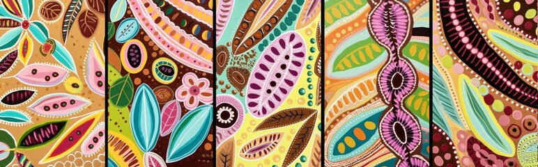 Stylised abstract theme of traditional art. Coffee beans inspirited elements. Bright vibrant colours and abstract pattern inspired by nature. Panel with 5 patterns. AI generated digital design.. - obrazy, fototapety, plakaty
