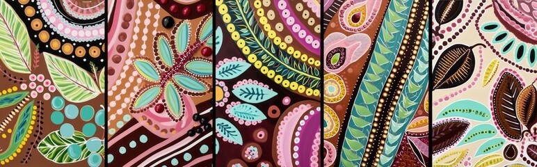 Stylised abstract theme of traditional art. Coffee beans inspirited elements. Bright vibrant colours and abstract pattern inspired by nature. Panel with 5 patterns. AI generated digital design..