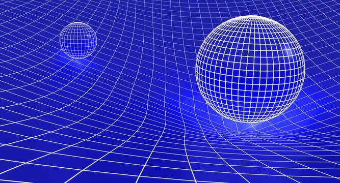 The theory of gravity and general relativity. Earth and Sun over warped spacetime. Sphere is affecting space time around it. 