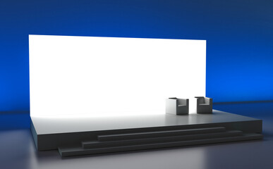 Empty stage design for mockup and corporate identity, display. Platform elements in hall. Blank screen system for graphic Resources. Scene event led night light staging. 3d rendering for online.
