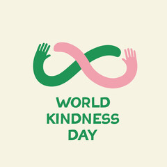 World kindness day logo. Random acts of kindness day emblem. Caring, responsibility, altruism of people. November 13. Hands symbolize kindness and show the infinity sign. Vector. Ecology theme.
