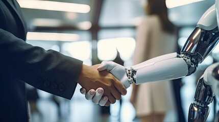 two people shaking hands in front of a white robot that is holding the hand of another person who is wearing a suit and tie