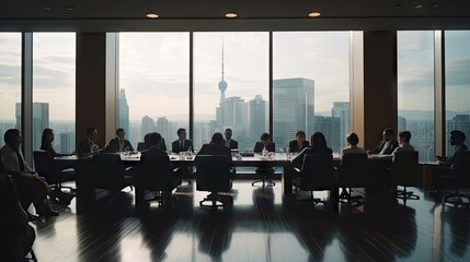 people sitting around a table in a conference room with large windows overlooking the city skyline and skyscrapers at dusk