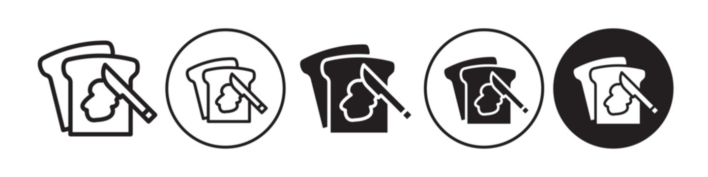 Bread with butter icon. toast or sandwich slice with jam spread on top of the bread with the help of knife symbol. Vector set of morning breakfast meal. 