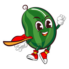 Vector mascot, cartoon and illustration of a cute watermelon being a flying superhero with a cape