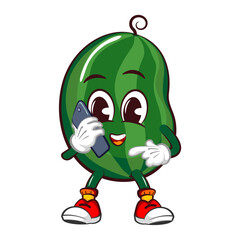 Vector mascot, cartoon and illustration of a cute watermelon communicating with a cellphone