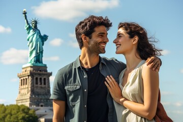 Couple in their 30s smiling in front of the Statue of Liberty in New York USA
