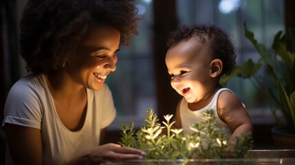 Fototapeta premium A happy laughing toddler with mom. Generative AI. 