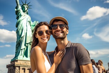Couple in their 30s smiling in front of the Statue of Liberty in New York USA
