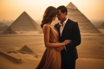 Couple in their 30s in front of the Pyramids of Giza in Cairo Egypt