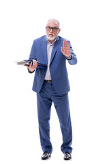 Old boss holding heavy pile isolated on white