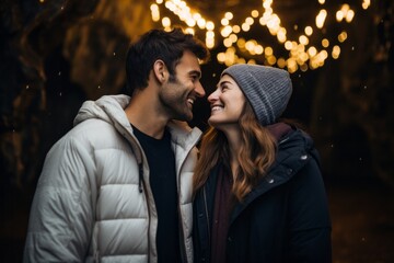 Fototapeta premium Couple in their 30s smiling at the Waitomo Glowworm Caves in Waikato New Zealand