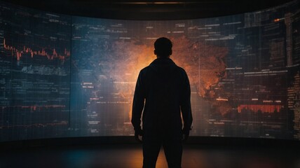 Silhouette of Person Confronting Cyber Threats on Giant Digital Screen