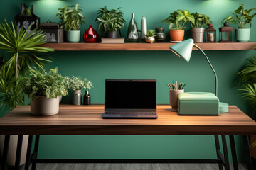 A modern workplace with a laptop near a green wall in a room, representing a contemporary work environment. Generative Ai.
