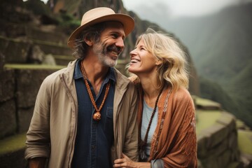 Couple in their 40s smiling at the Machu Picchu in Cusco Peru
